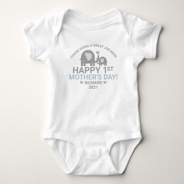 Personalized Baby Boy First Mother's Day Elephant Baby Bodysuit (Front)