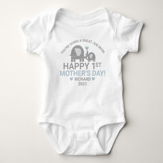 Personalized Baby Boy First Mother's Day Elephant Bodysuit (Front)