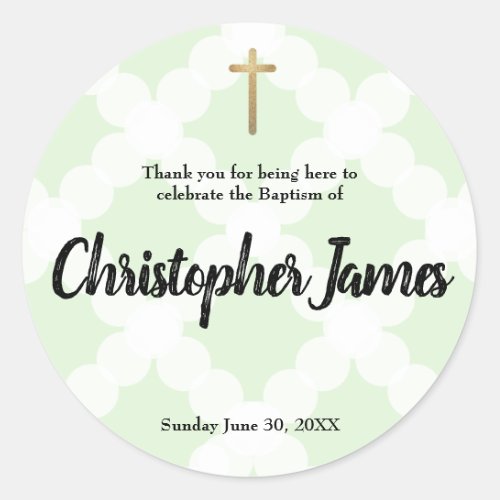Personalized baby boy green baptism thank you classic round sticker