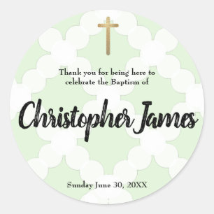 Personalized baby boy green baptism thank you classic round sticker