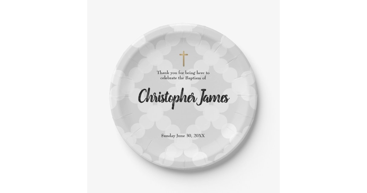 Personalized Baby boy Grey Baptism & gold cross Paper Plate