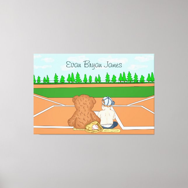 Personalized Baby Boy in Baseball Cap Teddy Bear  Canvas Print (Front)