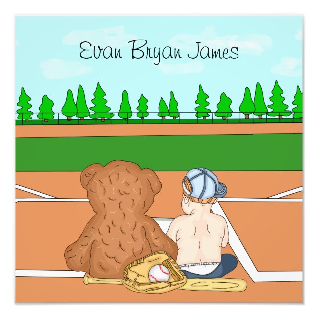 Personalized Baby Boy in Baseball Cap Teddy Bear  Photo Print (Front)