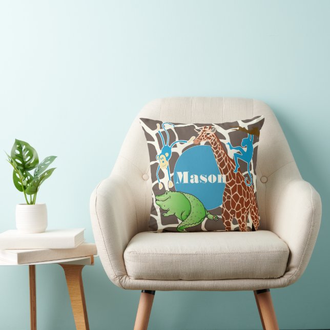 Personalized Baby Boy Jungle Giraffe Pattern Throw Pillow (Chair)