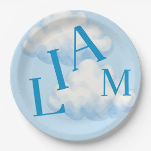 Personalized Baby Boy Name Blue Clouds Sky Paper Plates