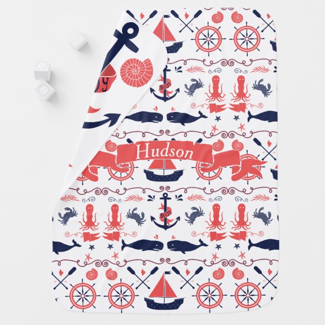 Personalized Baby Boy Navy Nautical Navy Anchor Receiving Blanket (In Situ)