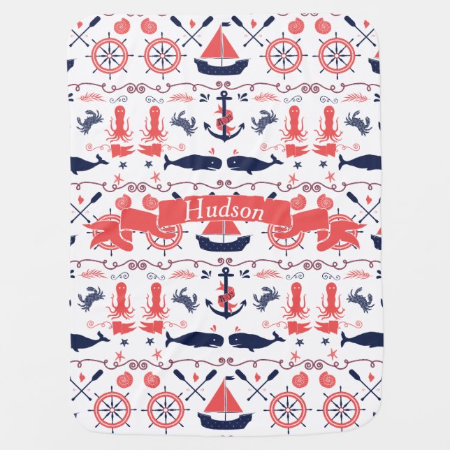 Personalized Baby Boy Navy Nautical Navy Anchor Receiving Blanket (Front)