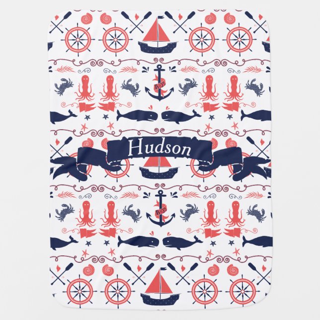 Personalized Baby Boy Navy Nautical Navy Anchor Receiving Blanket (Front)