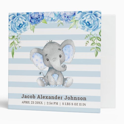 Personalized Baby Boy Newborn Blue Elephant Album 3 Ring Binder