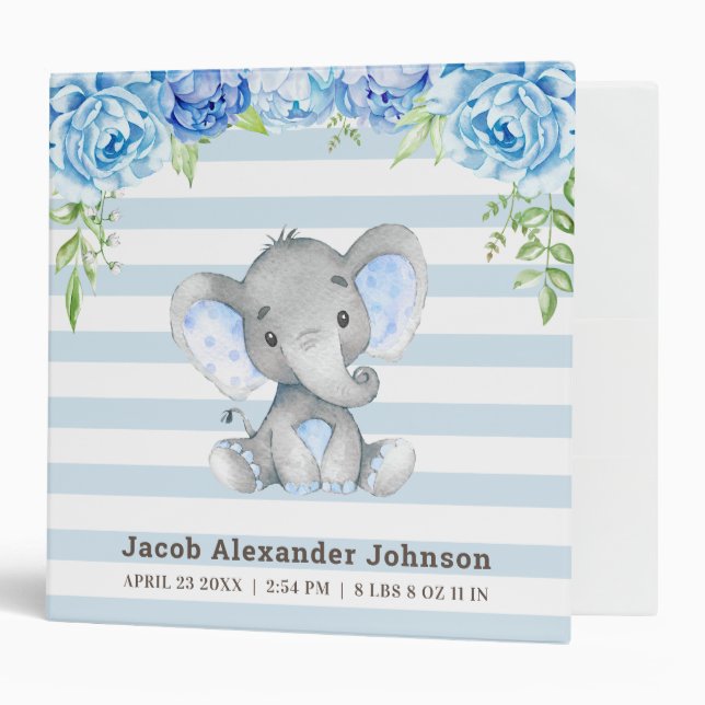 Personalized Baby Boy Newborn Blue Elephant Album 3 Ring Binder (Front/Inside)