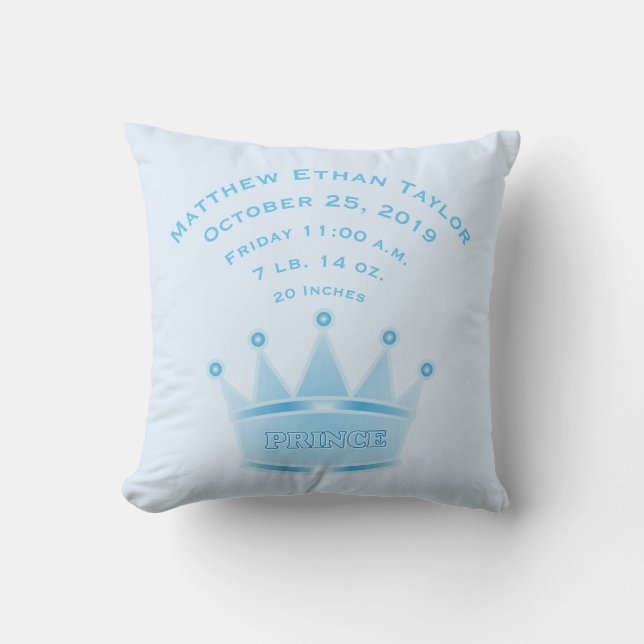 Personalized Baby Boy Prince Birth Record Stats Throw Pillow (Front)
