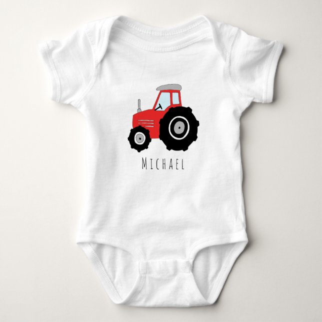 Personalized Baby Boy Red Farm Tractor with Name Baby Bodysuit (Front)
