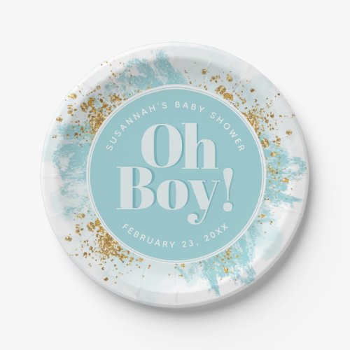 Personalized Baby Boy Shower Watercolor Glitter Paper Plates