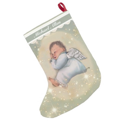 Personalized Baby Boy Sleeping Angel Vintage Small Christmas Stocking
