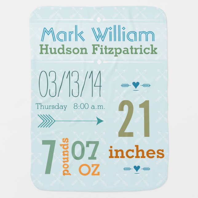 Personalized Baby Boy Stats Arrow Pattern Blanket (Front)