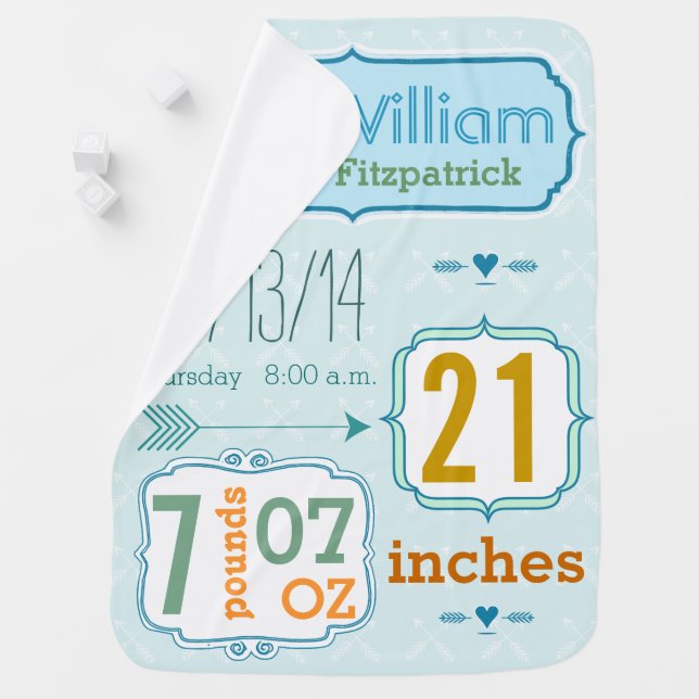Personalized Baby Boy Stats Arrow Pattern Blue Stroller Blanket (In Situ)
