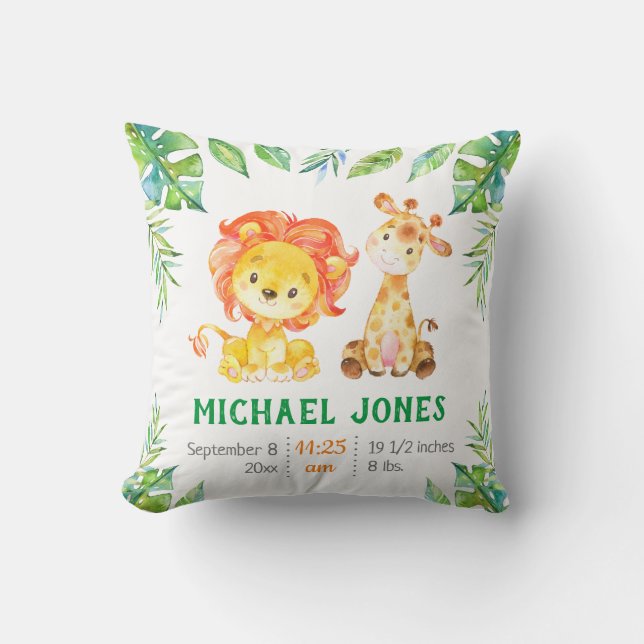 Personalized Baby Boy Stats Green Safari Nursery Throw Pillow (Front)