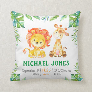 Personalized Baby Boy Stats Green Safari Nursery Throw Pillow