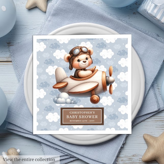 Personalized Baby Boy Teddy Bear Pilot Party  Paper Dinner Napkins (Personalized Baby Boy Teddy Bear Pilot Party Paper Dinner Napkins)