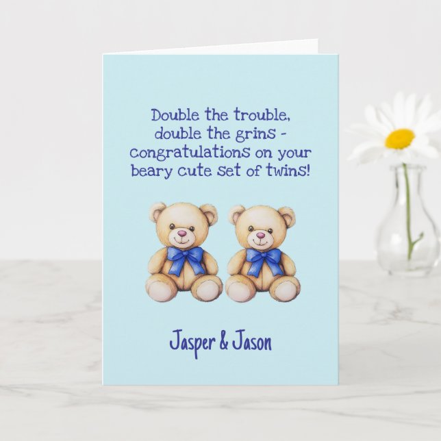 Personalized Baby Boy Twins Congratulations, Bears Card (Small Plant)