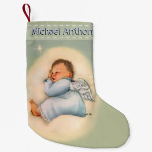 Personalized Baby Boy Vintage Sleeping Angel Small Christmas Stocking