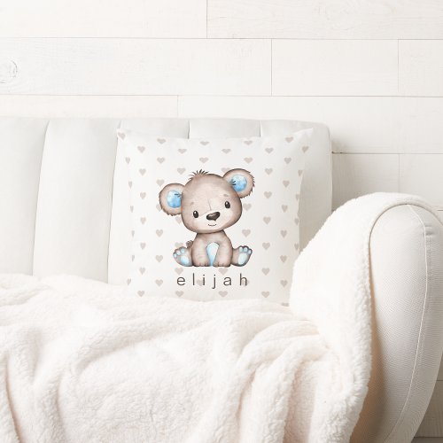 Personalized Baby Boys Brown Bear Hearts Pattern Throw Pillow