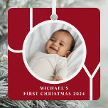 Personalized Baby Boy's First Christmas Photo  Metal Ornament<br><div class="desc">This stylish Baby Boy's First Christmas Photo Ornament is decorated with the word JOY on a maroon red background.
Easily customizable with your photo,  name,  and year.</div>