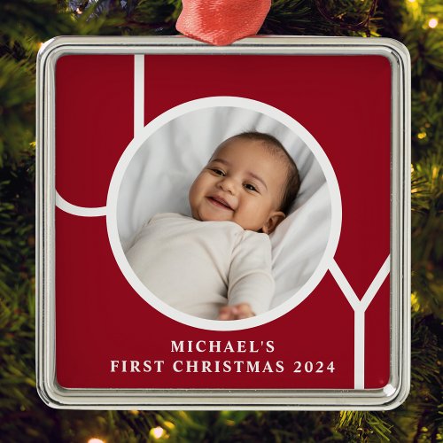 Personalized Baby Boys First Christmas Photo Red Metal Ornament