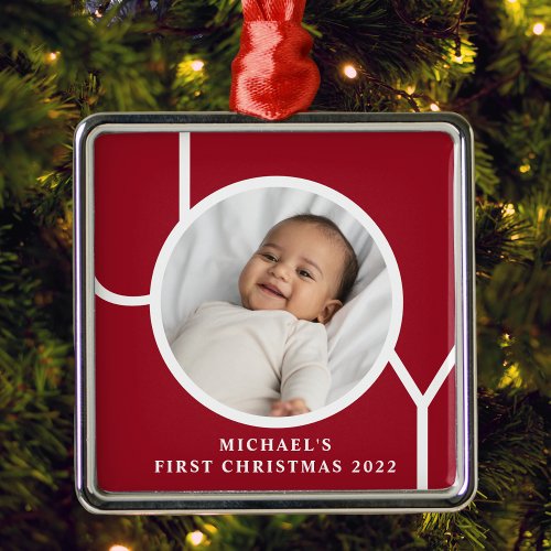 Personalized Baby Boys First Christmas Photo Red Metal Ornament