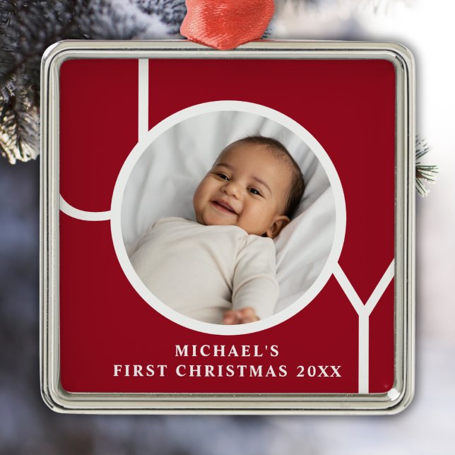 Personalized Baby Boy's First Christmas Photo Red Metal Ornament (Creator Uploaded)