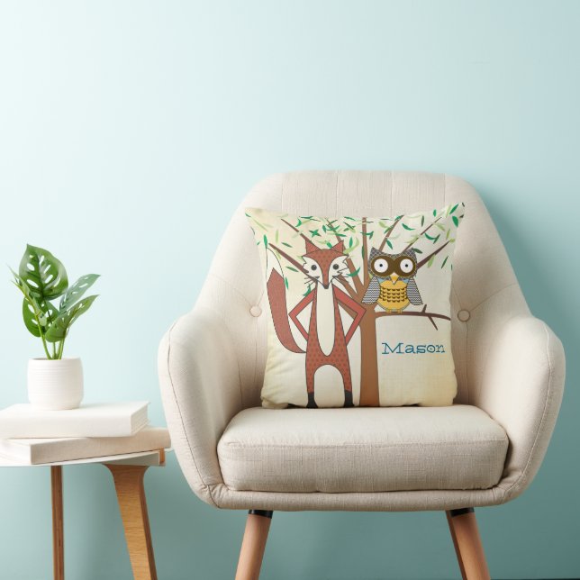 Personalized Baby Boy's Room Cute Fox and Owl Throw Pillow (Chair)