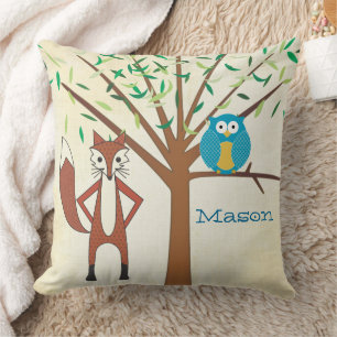 Personalized Baby Boy's Room Cute Fox and Owl Throw Pillow