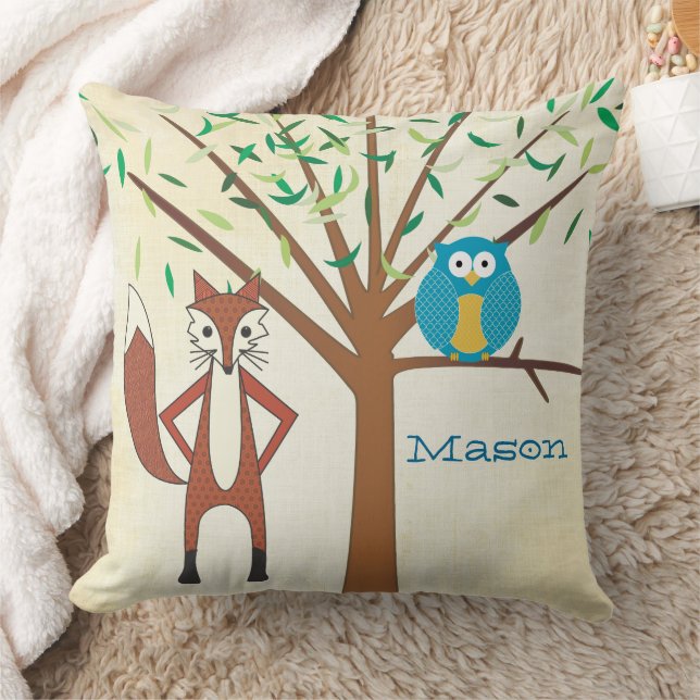 Personalized Baby Boy's Room Cute Fox and Owl Throw Pillow (Blanket)