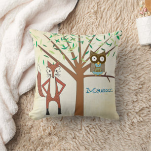 Personalized Baby Boy's Room Cute Fox and Owl Throw Pillow