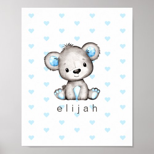 Personalized Baby Boys Teddy Bear Blue Hearts Poster
