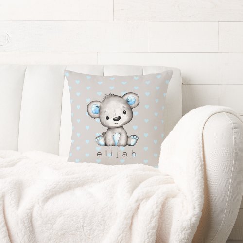 Personalized Baby Boys Teddy Bear Blue Hearts Throw Pillow