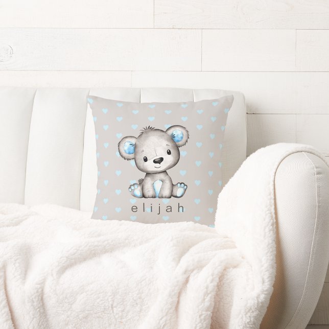 Personalized Baby Boy's Teddy Bear Blue Hearts Throw Pillow (Creator Uploaded)