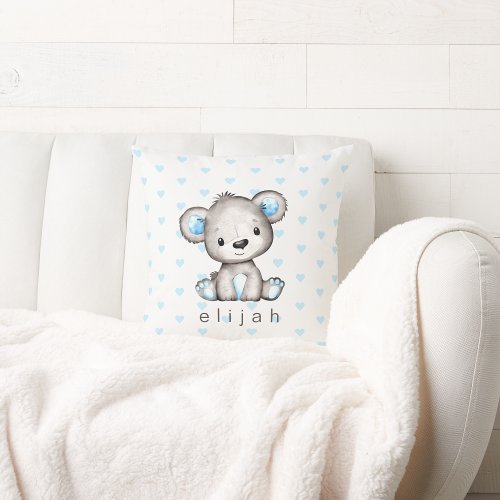Personalized Baby Boys Teddy Bear Hearts Throw Pillow