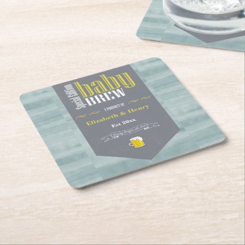Personalized Baby Brew Beer Label Funny Shower     Square Paper Coaster