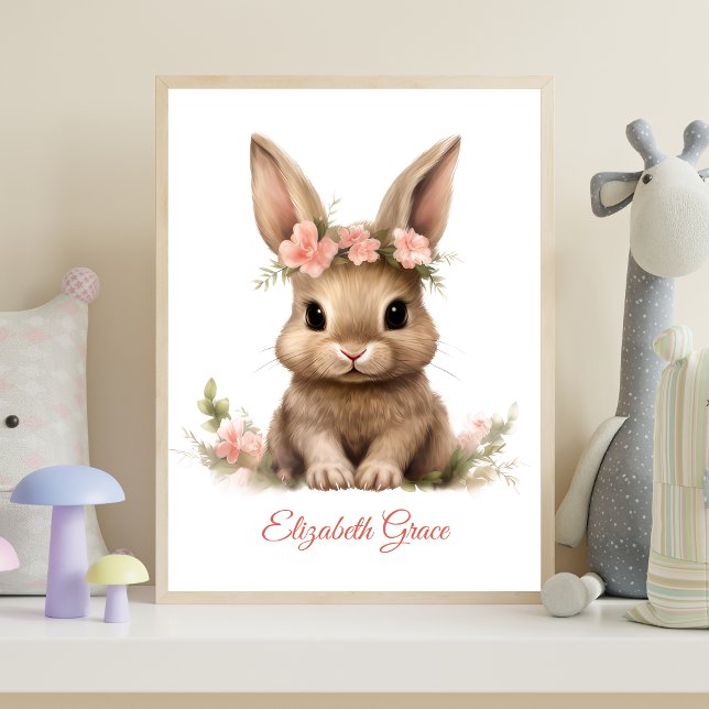 Personalized Baby Bunny Pink Flowers Nursery Print (Baby Bunny Pink Flowers Personalized Nursery Wall Art poster print)