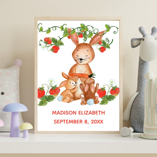 Personalized Baby Bunny Strawberry Nursery Wall  Poster (Mama Bunny Baby Bunny Strawberries Personalized Nursery Wall Art digital or printed.)