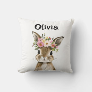 Personalized Baby Bunny with Floral Wreath Throw Pillow