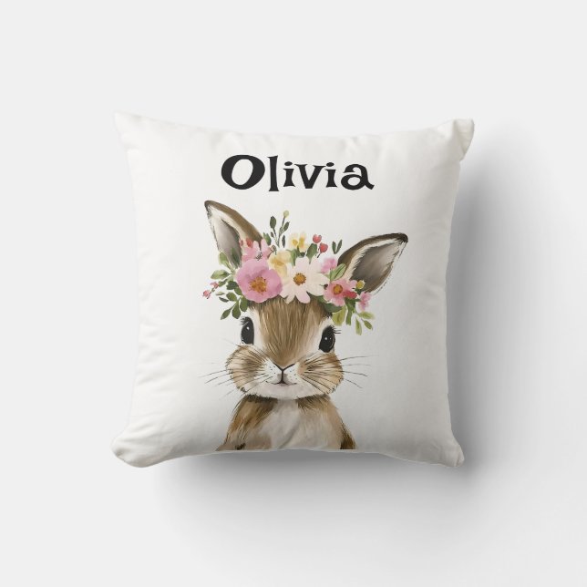 Personalized Baby Bunny with Floral Wreath Throw Pillow (Front)