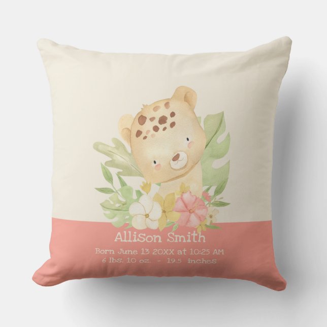 Personalized Baby Cheetah Birth Stats Throw Pillow (Front)