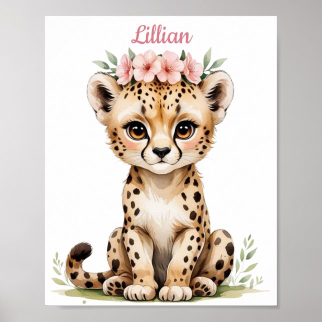 Personalized Baby Cheetah Elegant Safari Nursery Poster (Front)