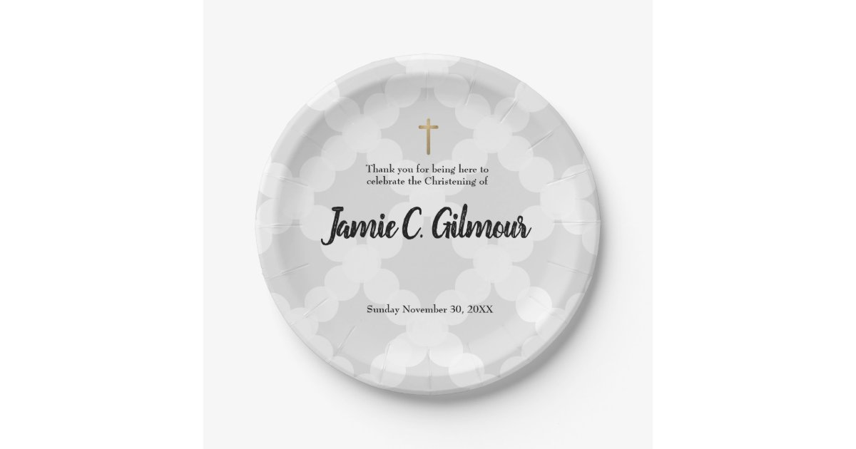 Personalized Baby Christening Grey & gold cross Paper Plates Zazzle