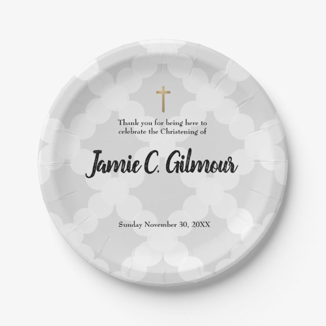 Personalized Baby Christening Grey & gold cross Paper Plates (Front)