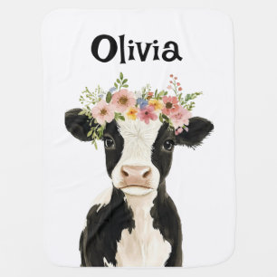 Personalized Baby Cow with Wreath Custom Name Blanket