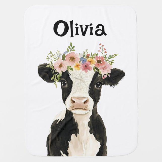 Personalized Baby Cow with Wreath Custom Name Blanket (Front)
