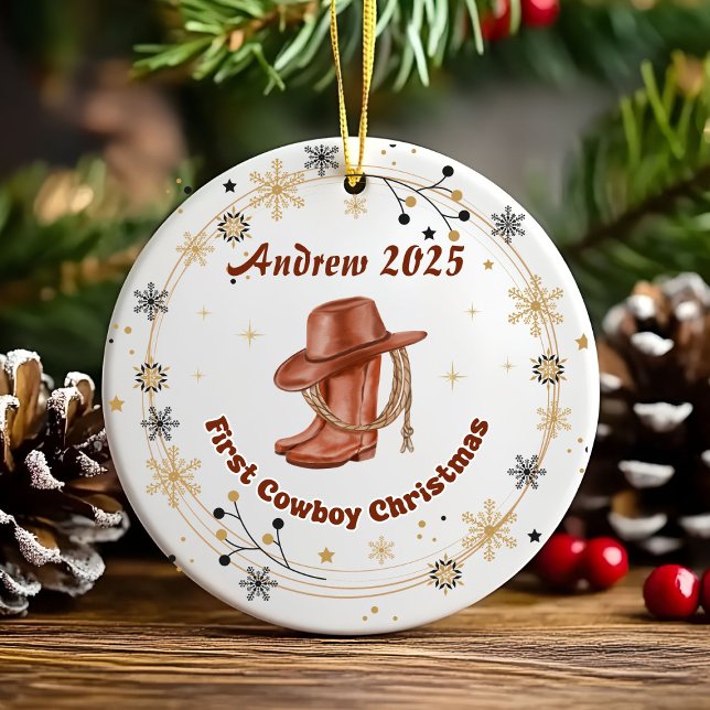 Personalized Baby Cowboy First Christmas  Ceramic Ceramic Ornament (Creator Uploaded)